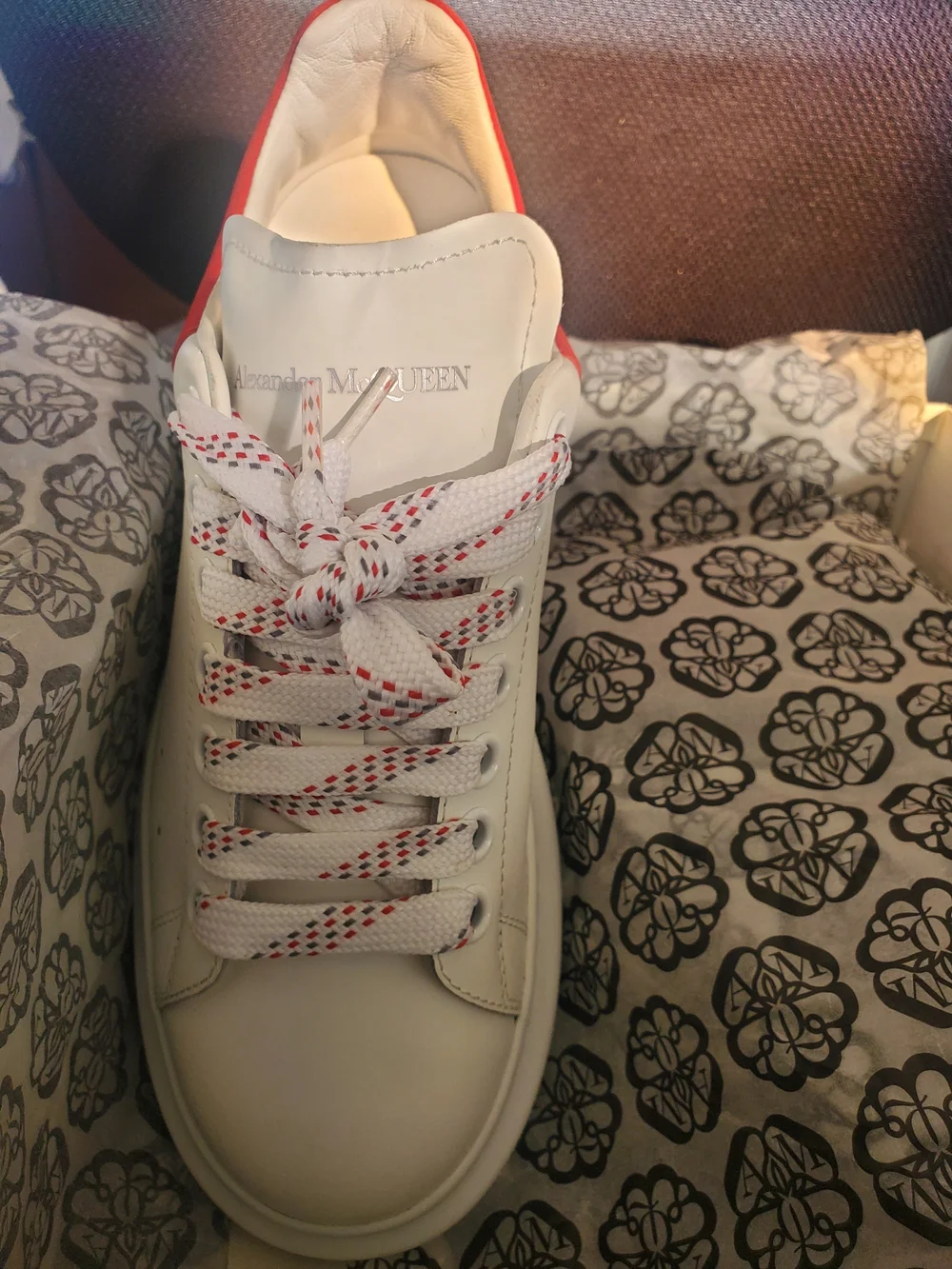 Alexander McQueen White Leather Sneakers with Red Accent and Patterned Laces